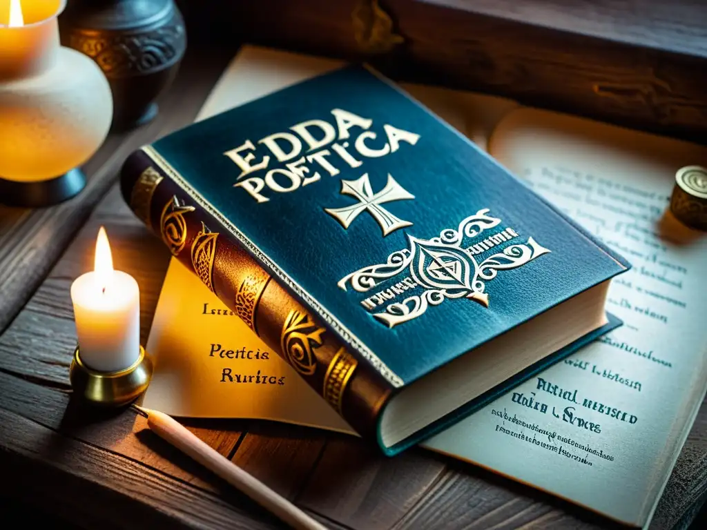 Edda Poética: Misterio Vikingo en Antiguo Libro de Piel Antiguo libro de cuero con diseños nórdicos, 'Edda Poética', en mesa de madera iluminada