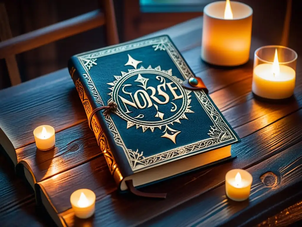 Un antiguo libro de magia vikinga clave, con runas nórdicas talladas, iluminado por velas en mesa rústica