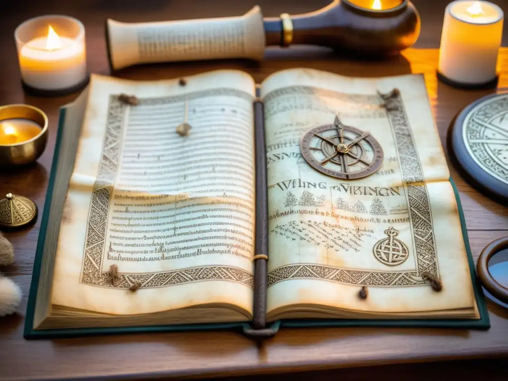 Antiguo manuscrito vikingo con mapas y runas, iluminado por velas