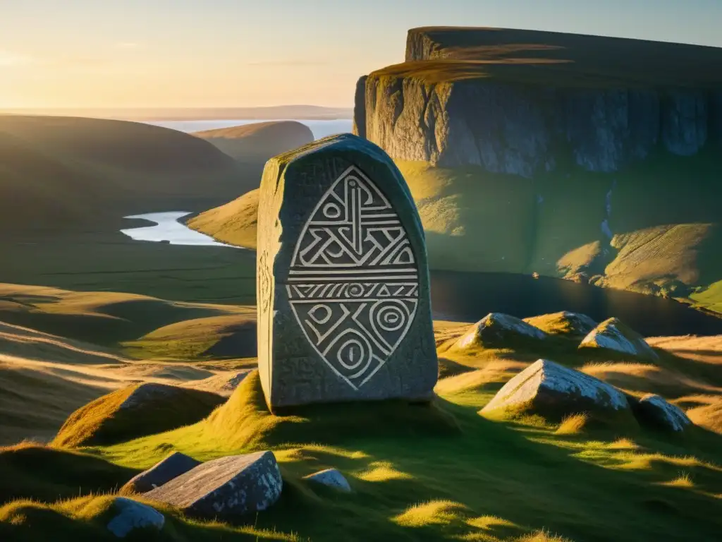 Un antiguo menhir tallado destaca entre un paisaje nórdico rugoso, con inscripciones rúnicas vikingas, profecías del futuro