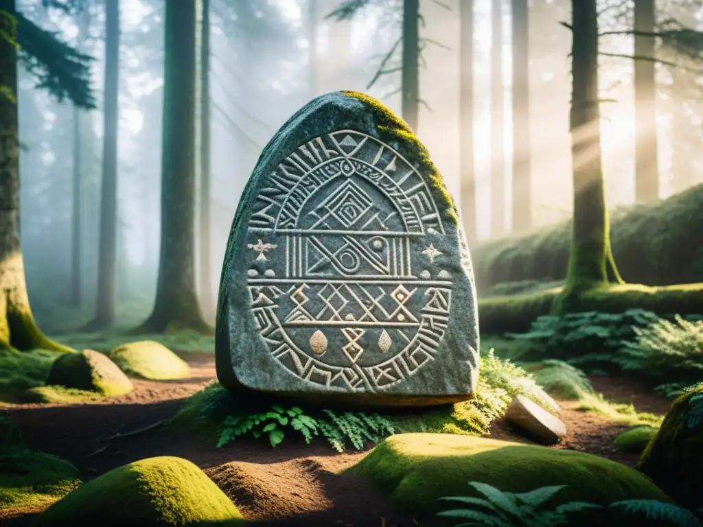 Runa vikinga ancestral en bosque místico Un antiguo menhir vikingo cubierto de runas en un bosque escandinavo neblinoso, irradiando misticismo y la Psicología de las runas vikingas