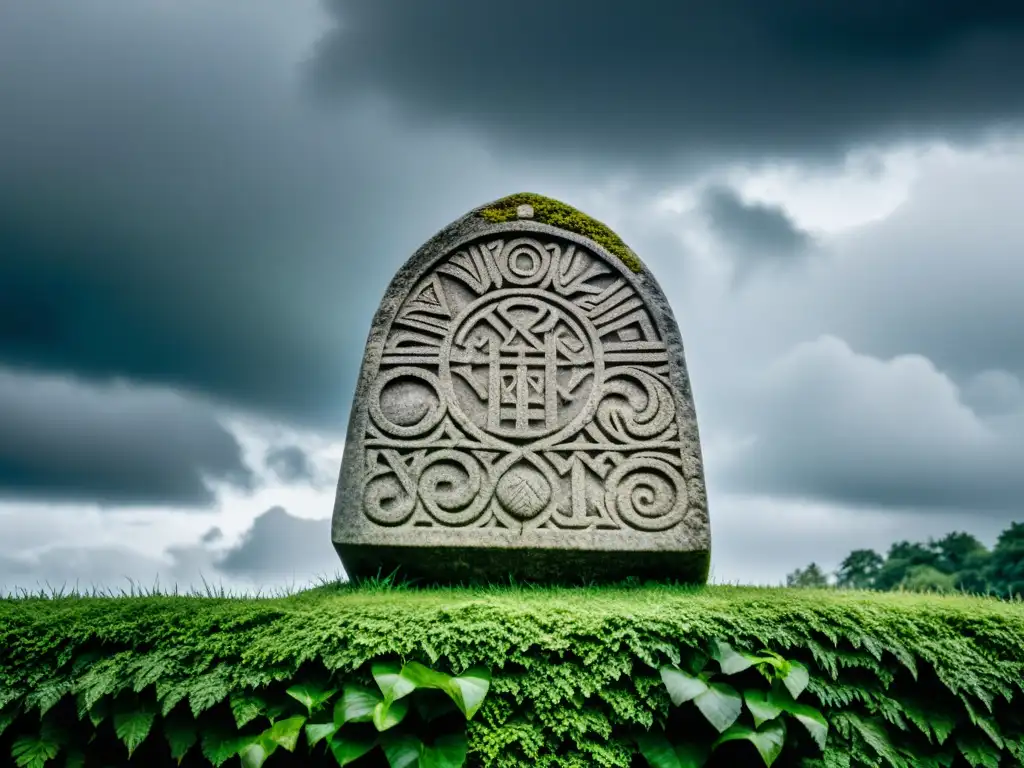 Un antiguo menhir vikingo, cubierto de runas, se yergue ante un cielo tormentoso