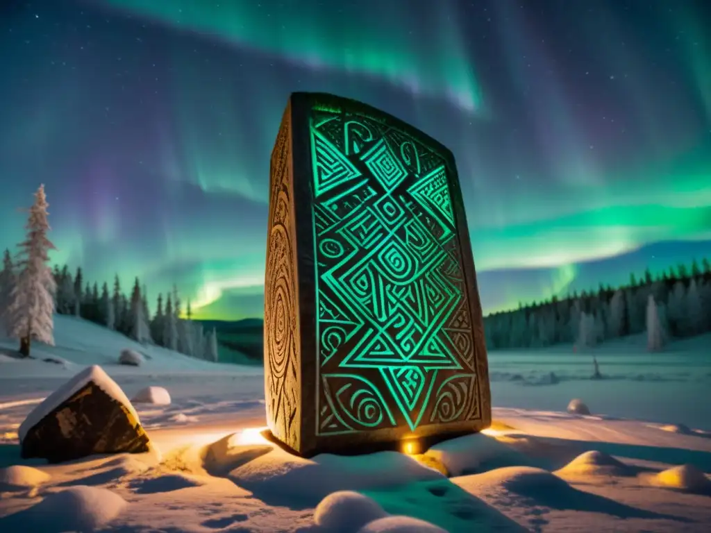 Un antiguo menhir vikingo grabado con misteriosas runas, iluminado por la aurora boreal