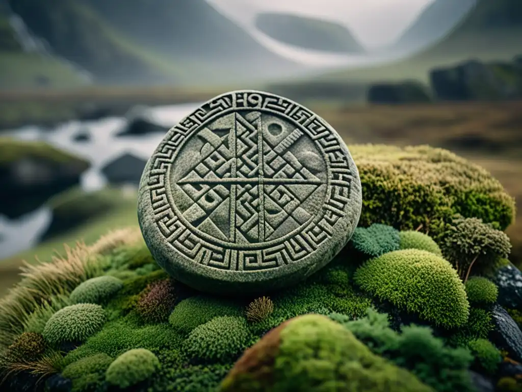 Un antiguo mensaje vikingo tallado en piedra rúnica, cubierto de musgo, en un paisaje nórdico brumoso