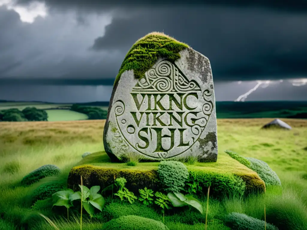 Un antiguo y misterioso menhir vikingo en un prado verde bajo un cielo tormentoso