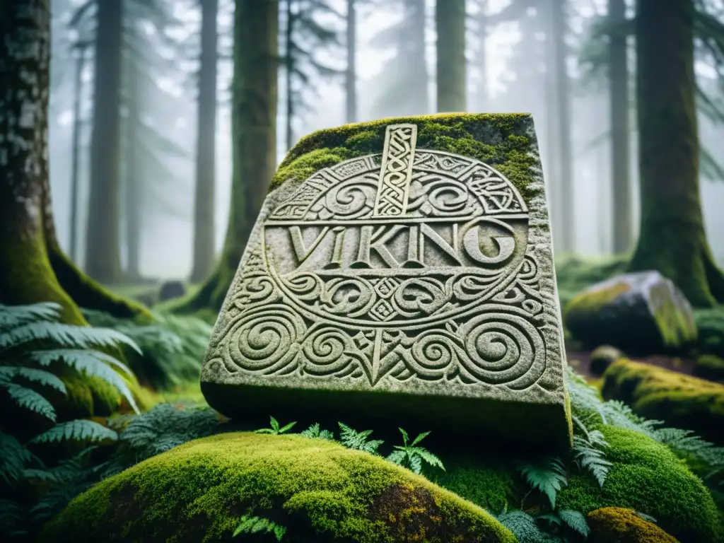 Un antiguo y misterioso runestone vikingo en un bosque escandinavo neblinoso