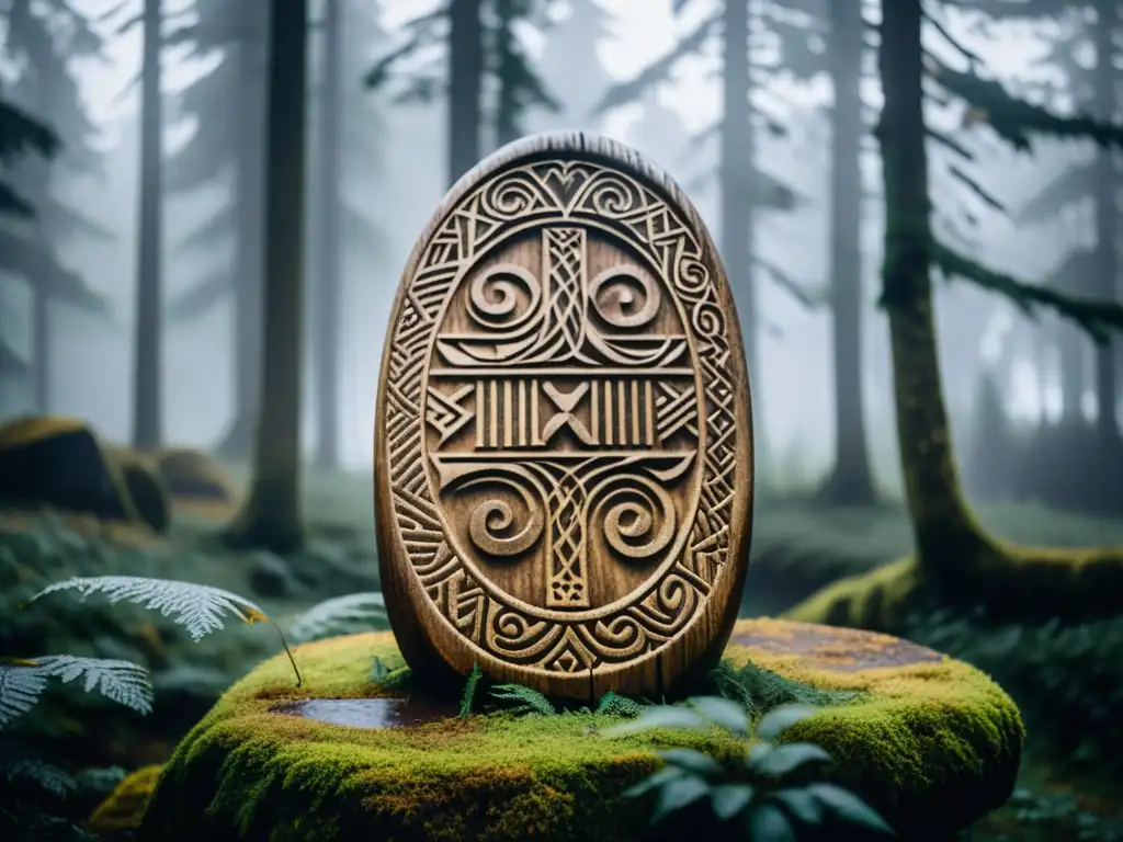 Un antiguo y místico runestone vikingo en un bosque nórdico, bañado por la luz dorada