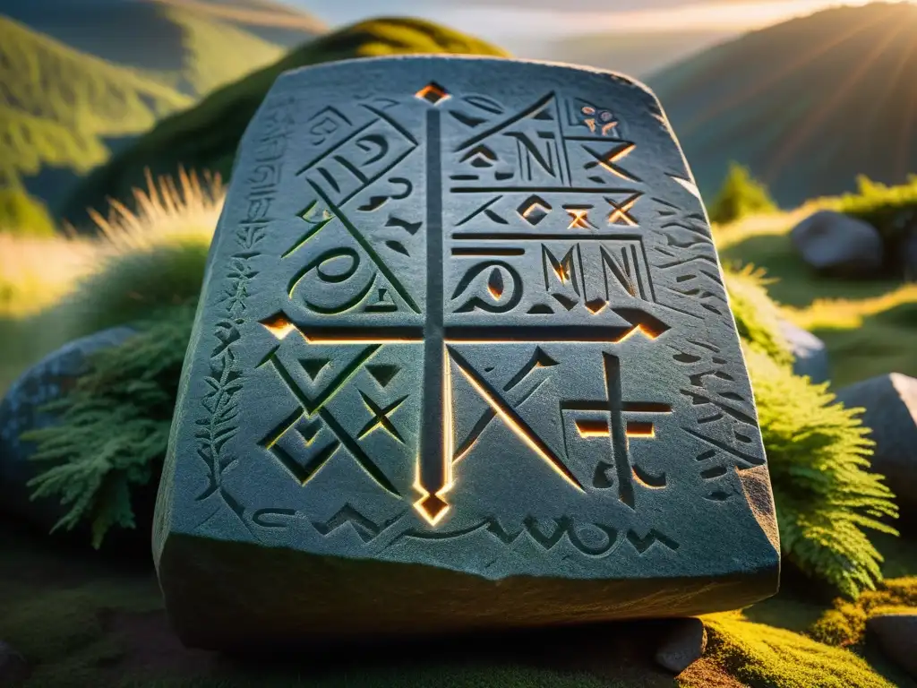 Un antiguo runestone con inscripciones nórdicas y el vínculo entre Mitología Nórdica y Runas se ilumina con la luz del atardecer en un bosque místico