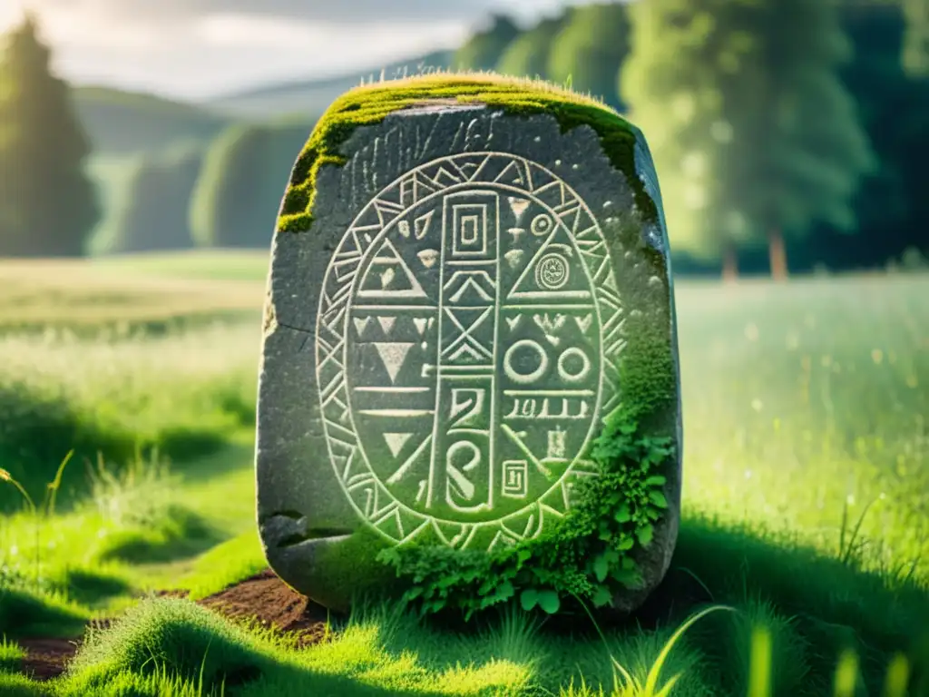 Un antiguo runestone con inscripciones rúnicas detalladas en un campo verde, evocando misterio y sabiduría ancestral