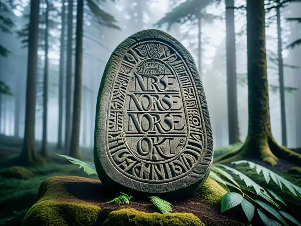 Un antiguo runestone nórdico entre la neblina del bosque, revelando la historia de la popularidad de los nombres nórdicos