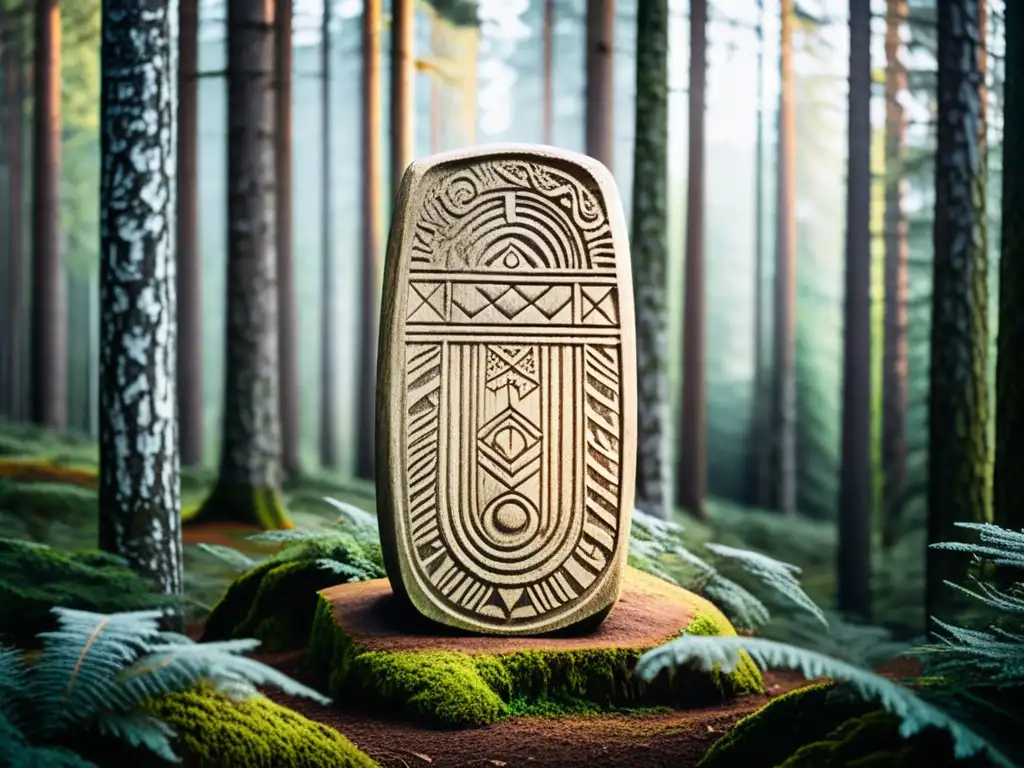 Un antiguo runestone tallado en un bosque escandinavo, iluminado por el sol, con símbolos vikingos y el significado de las runas vikingas