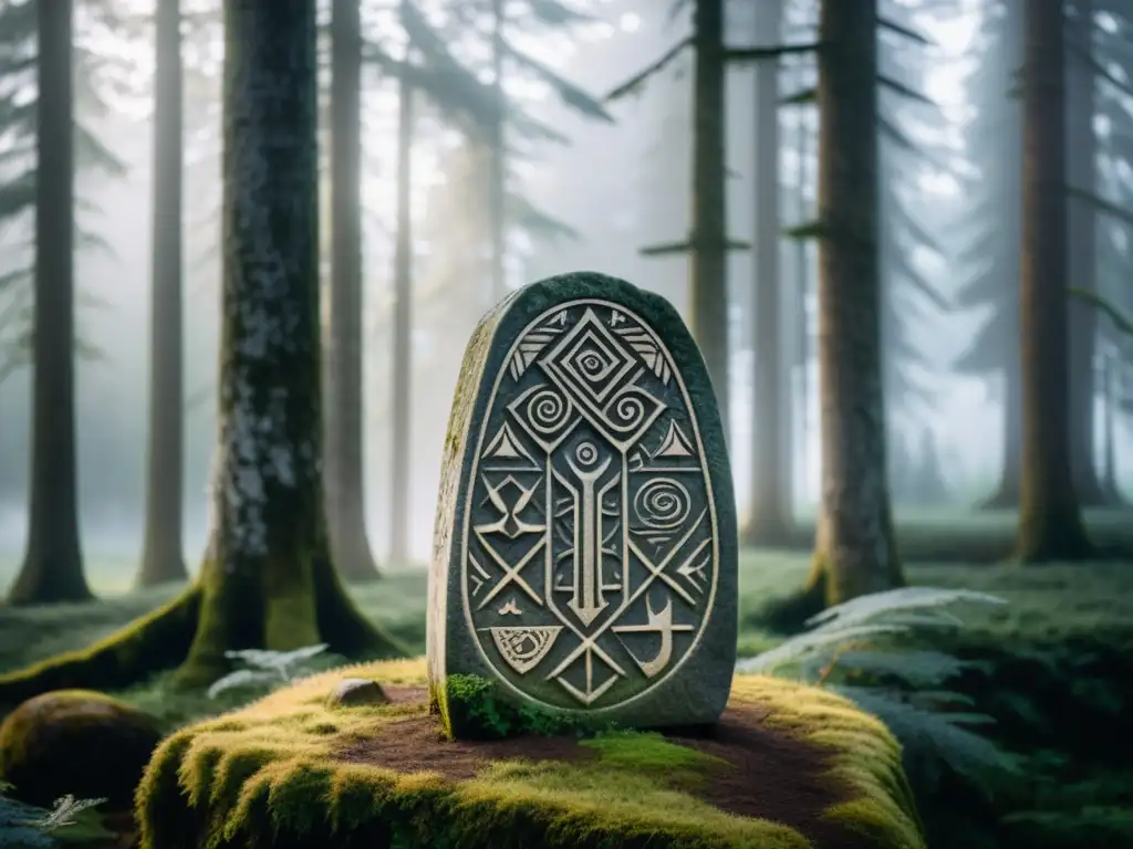 Un antiguo runestone tallado entre la niebla de un bosque nórdico, evocando misterio y magia ancestral