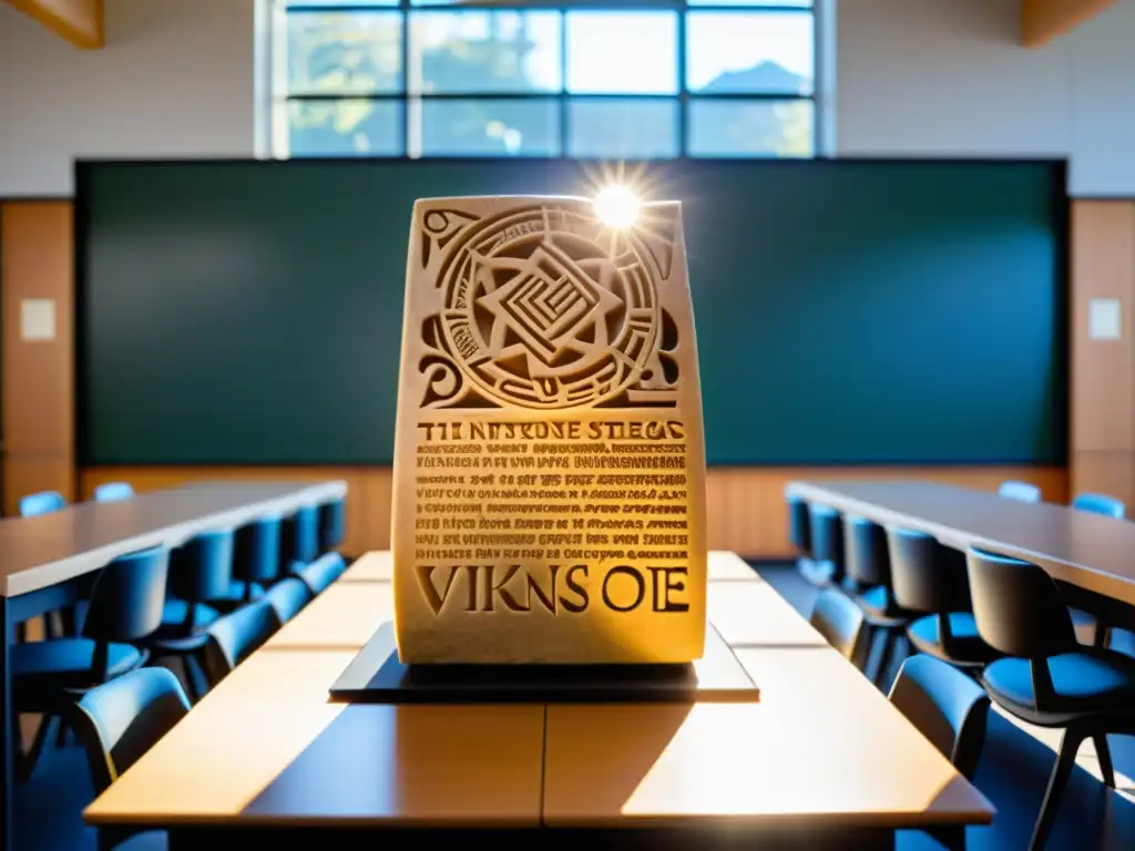 Un antiguo runestone vikingo contra un aula moderna llena de estudiantes diversos, conectando tradición oral educación vikinga contemporánea