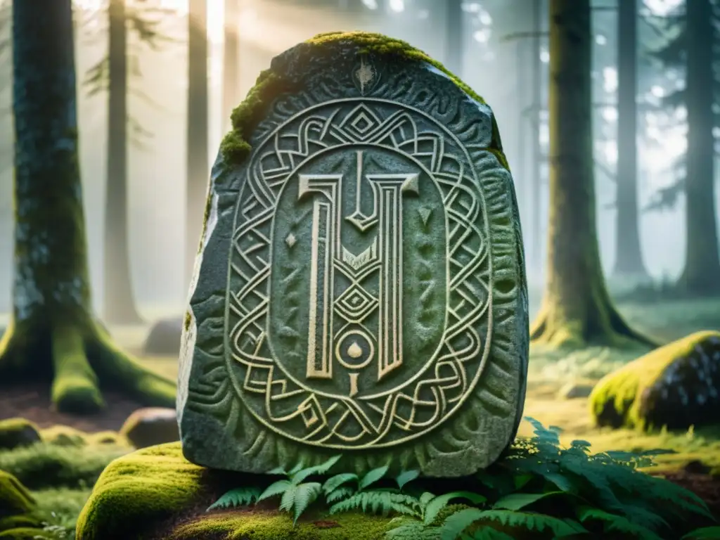 Antiguo runestone vikingo con runa Kenaz en bosque nórdico místico