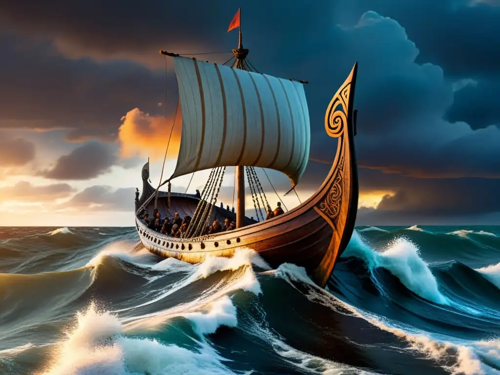 Un antiguo drakkar vikingo navega en mares tormentosos al atardecer, evocando la aventura y el rescate de la literatura vikinga siglo XXI