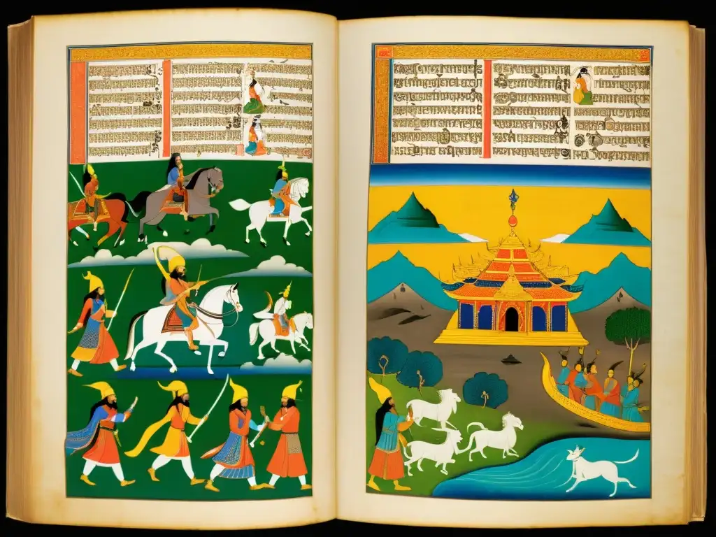 Dos antiguos manuscritos, uno de la Edda Poética y otro del Mahabharata, con símbolos y personajes vívidos y detallados