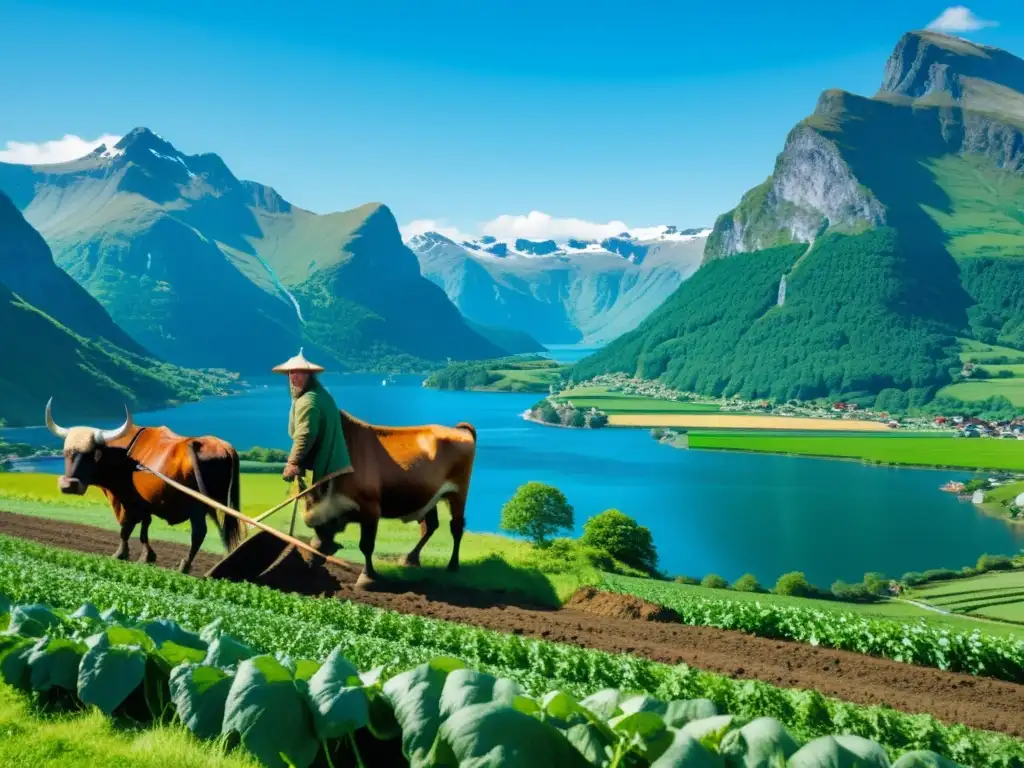 Un apacible paisaje vikingo con agricultura sostenible en la era vikinga