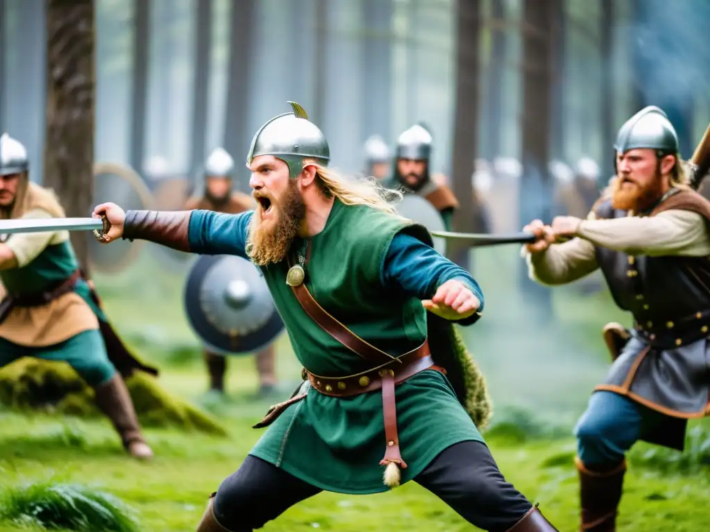 Apasionante entrenamiento de guerreros vikingos practicando técnicas de lucha en el bosque