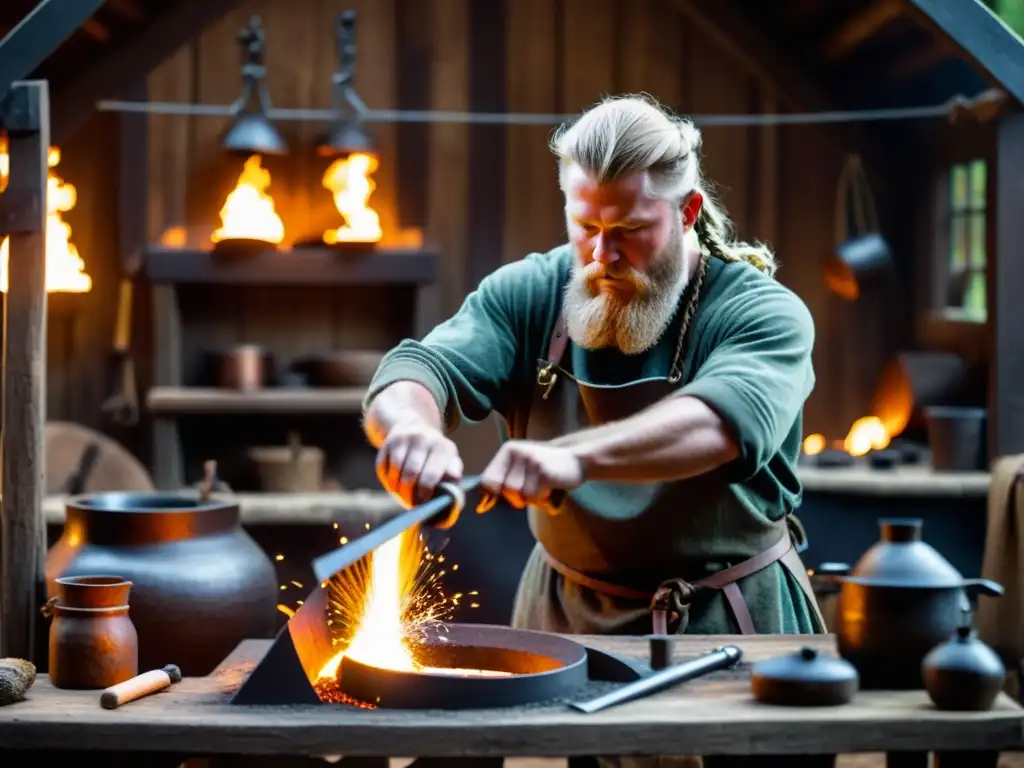 Apasionante reescenificación de herreros vikingos creando metalurgia vikinga en taller rústico y oscuro