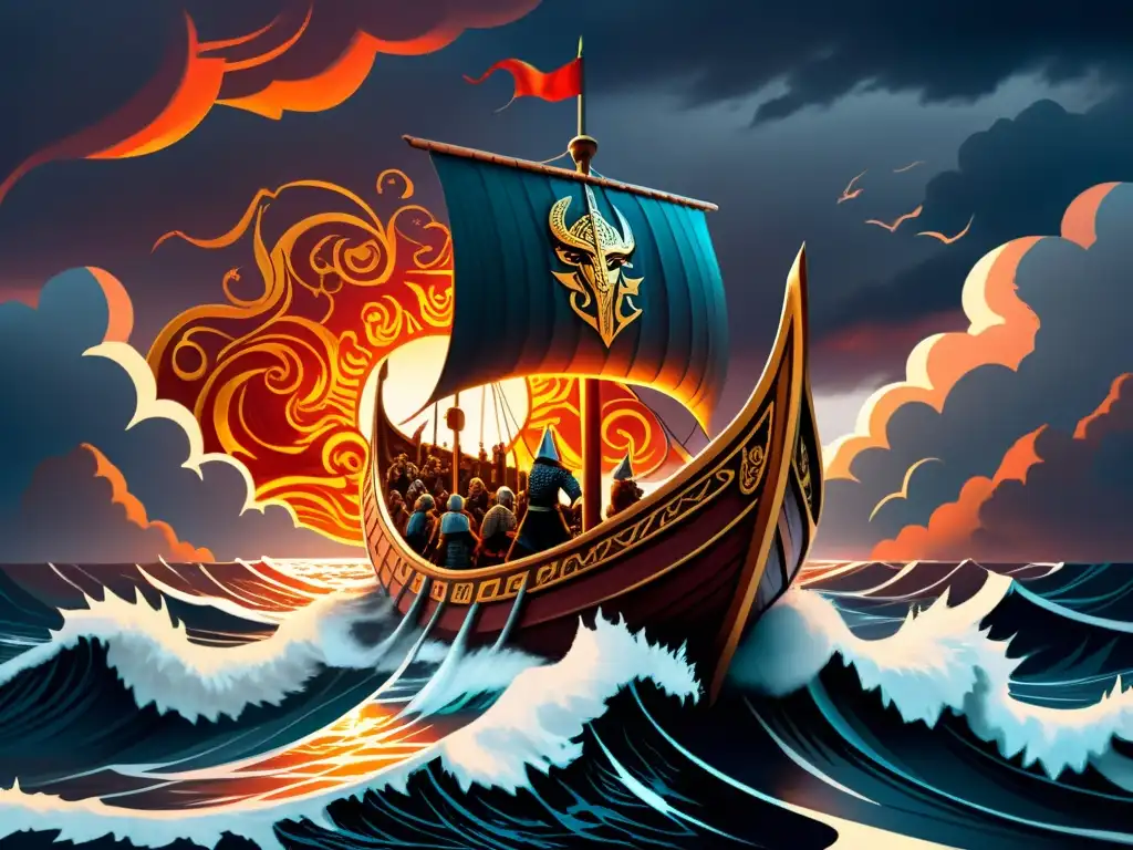 Apocalipsis vikingo: un barco colosal con dioses nórdicos y guerreros navegando hacia la tormenta, reflejando un legado épico