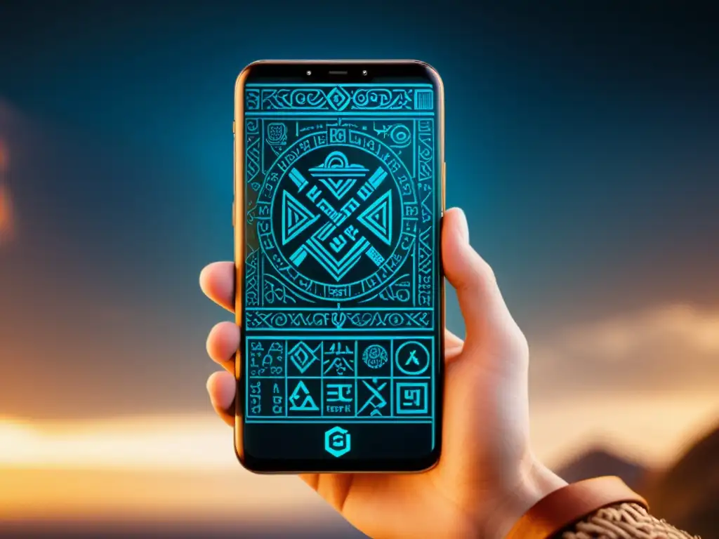 Una app para descifrar runas vikingas en un smartphone moderno con símbolos antiguos