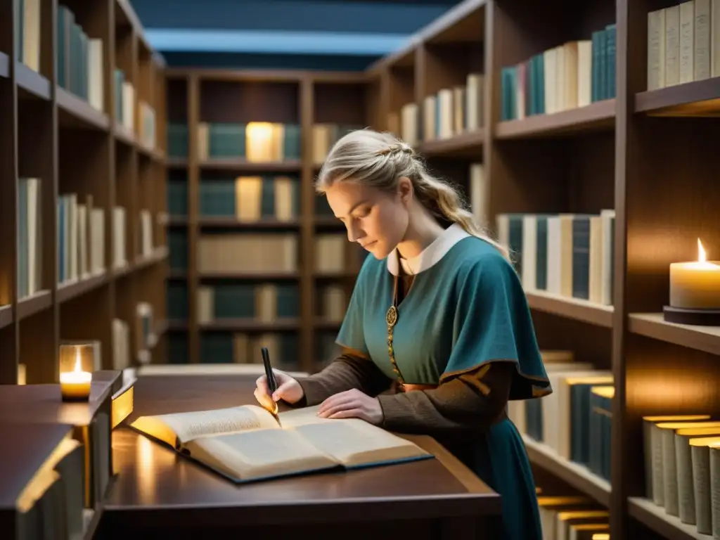 Un archivista escaneando un manuscrito vikingo en una biblioteca atmosférica