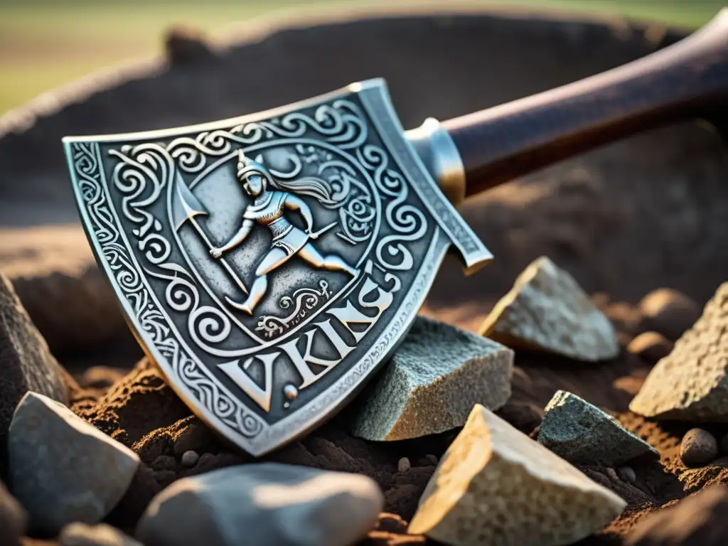 Hacha vikinga: épicas escenas grabadas en metal Arma vikinga para batallas épicas: un hacha detalladamente grabada, recién descubierta y preservada, con arqueólogos excavando con cuidado