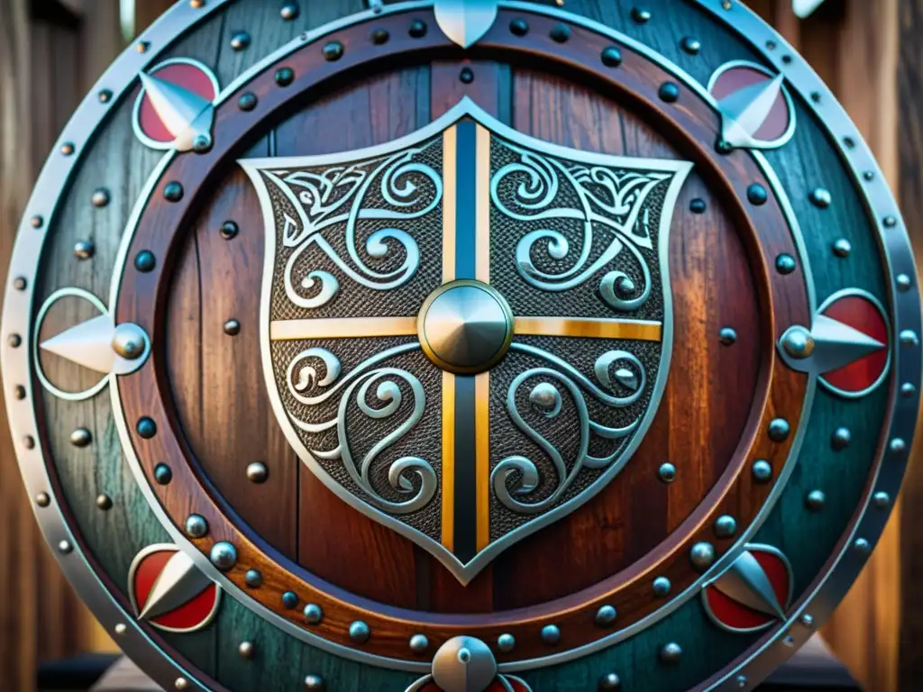 Escudo vikingo: detalle asombroso de madera y metal Arma vikinga única con intrincados detalles en madera y metal, testigo de batallas épicas vikingas