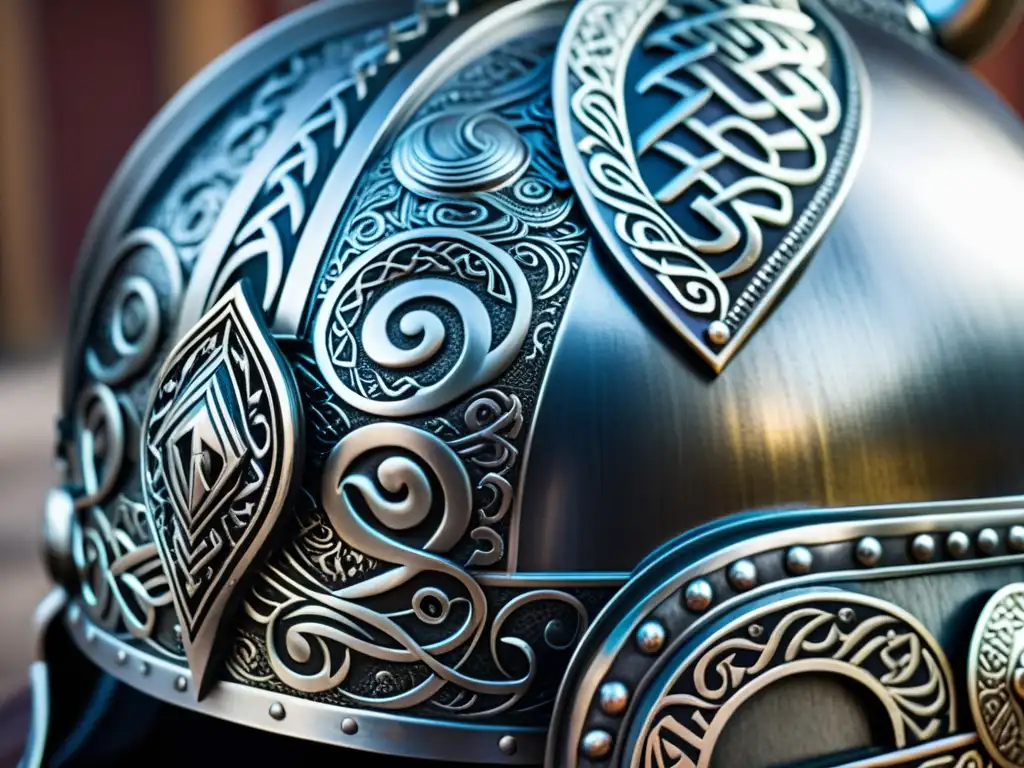 Innovación en la Armadura Vikinga: Detalle de un casco vikingo con diseño de cremallera, intrincado metal y grabados ornamentales