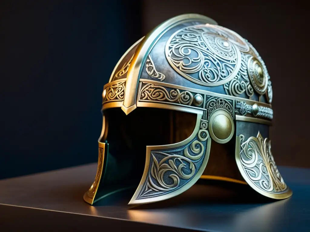 Innovación en la Armadura Vikinga: Detalle impresionante de un casco vikingo bien conservado, con grabados intrincados y desgaste de batalla evidente