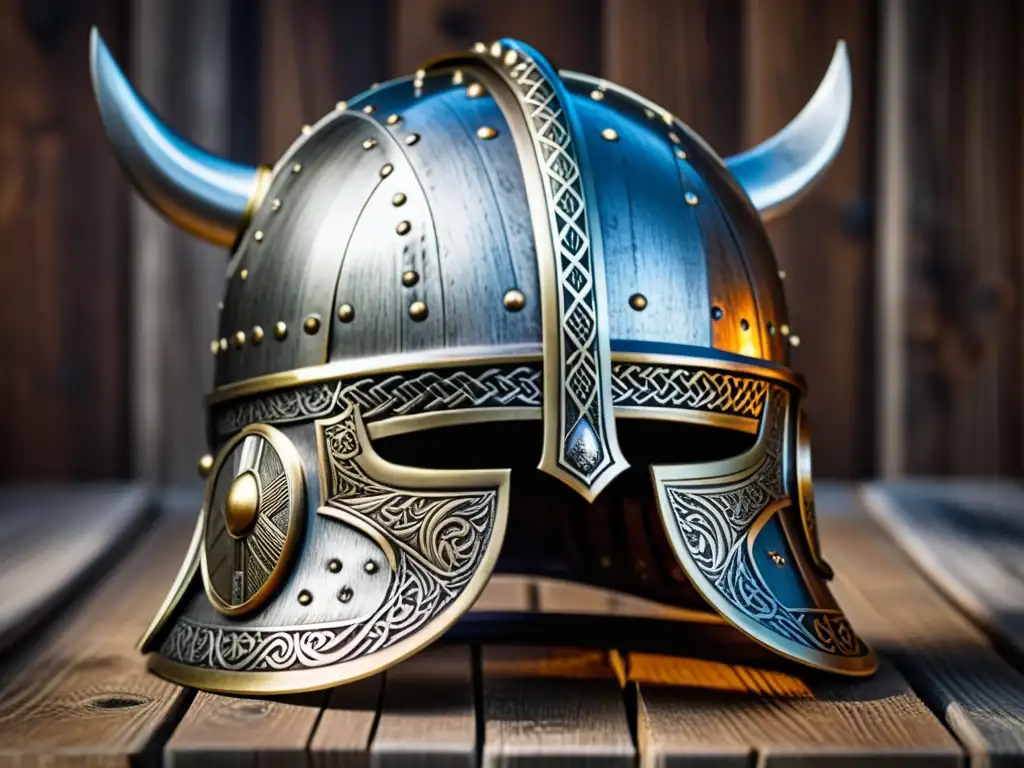 Armaduras vikingas para aficionados: Detalle de casco con grabados y marcas de batalla, sobre fondo de madera rústica