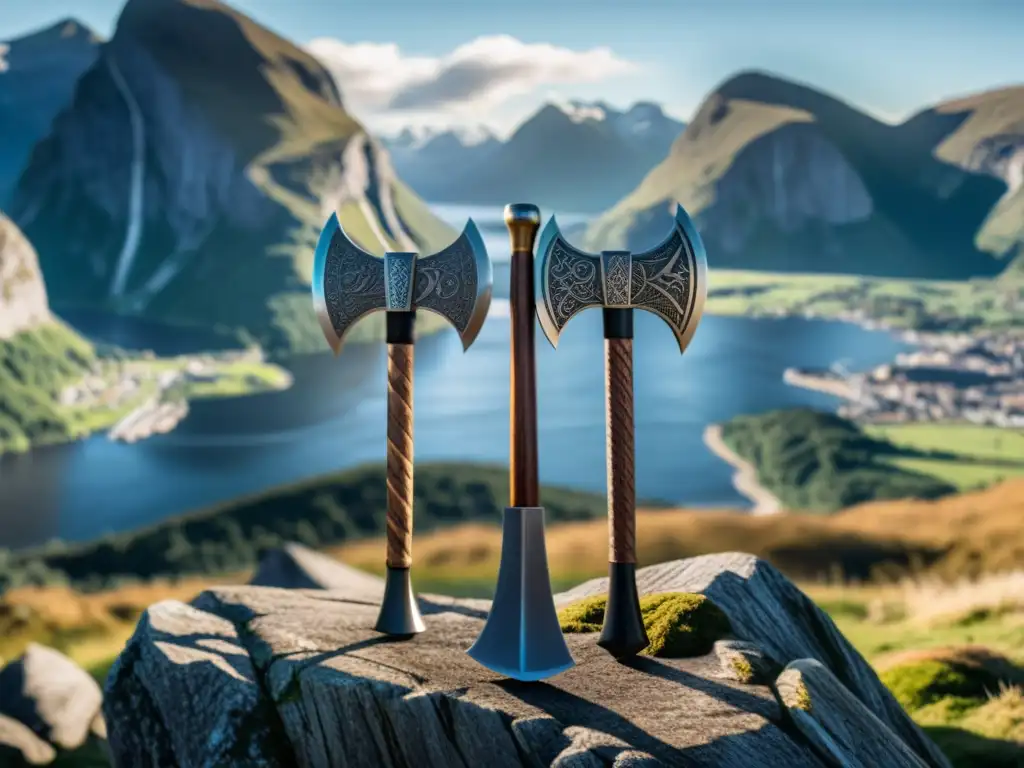Viking Battle Axes: Poder ancestral y destreza guerrera Dos armas vikingas para batallas épicas, con intrincados detalles y un paisaje épico de fondo