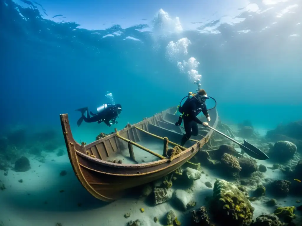 Arqueología submarina: equipo de buceadores excavando un barco vikingo hundido rodeado de antiguos artefactos en el fondo del océano