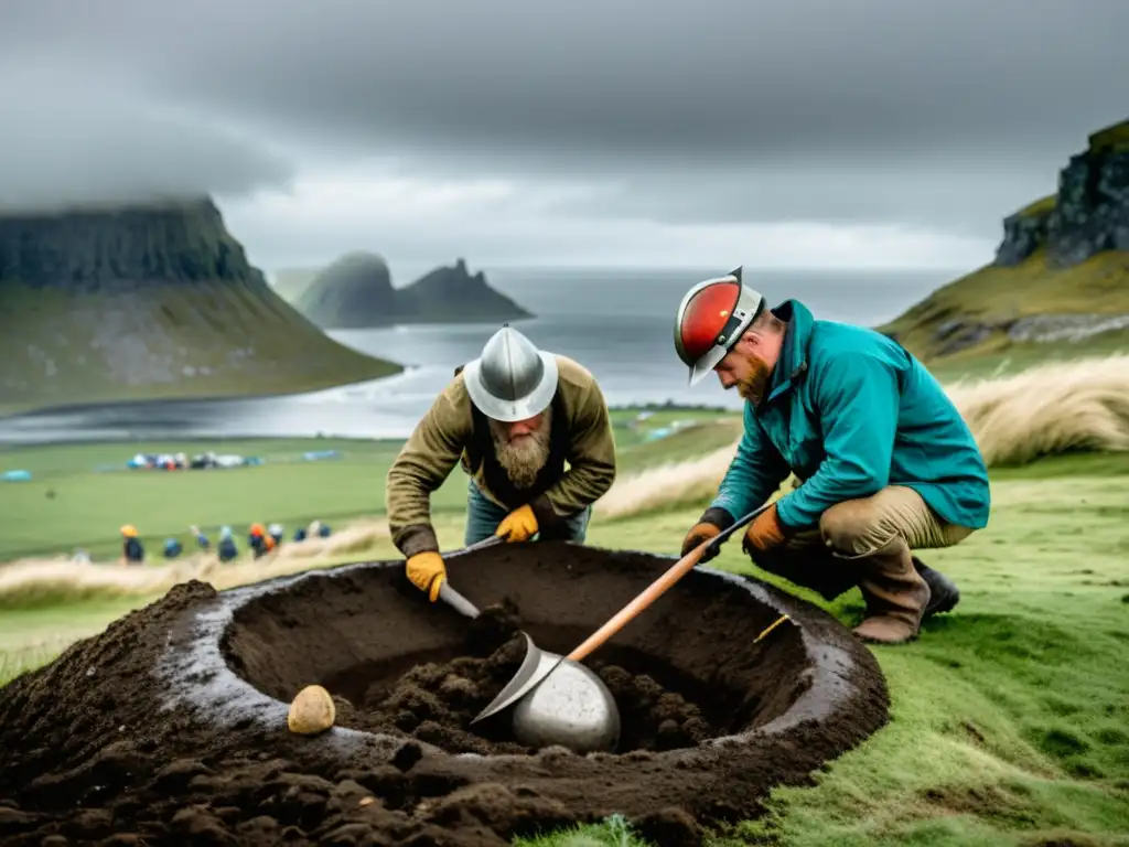 Aplicación SIG en Arqueología Vikinga: Equipo de arqueólogos excavando un sitio funerario vikingo en un paisaje nórdico, revelando artefactos antiguos