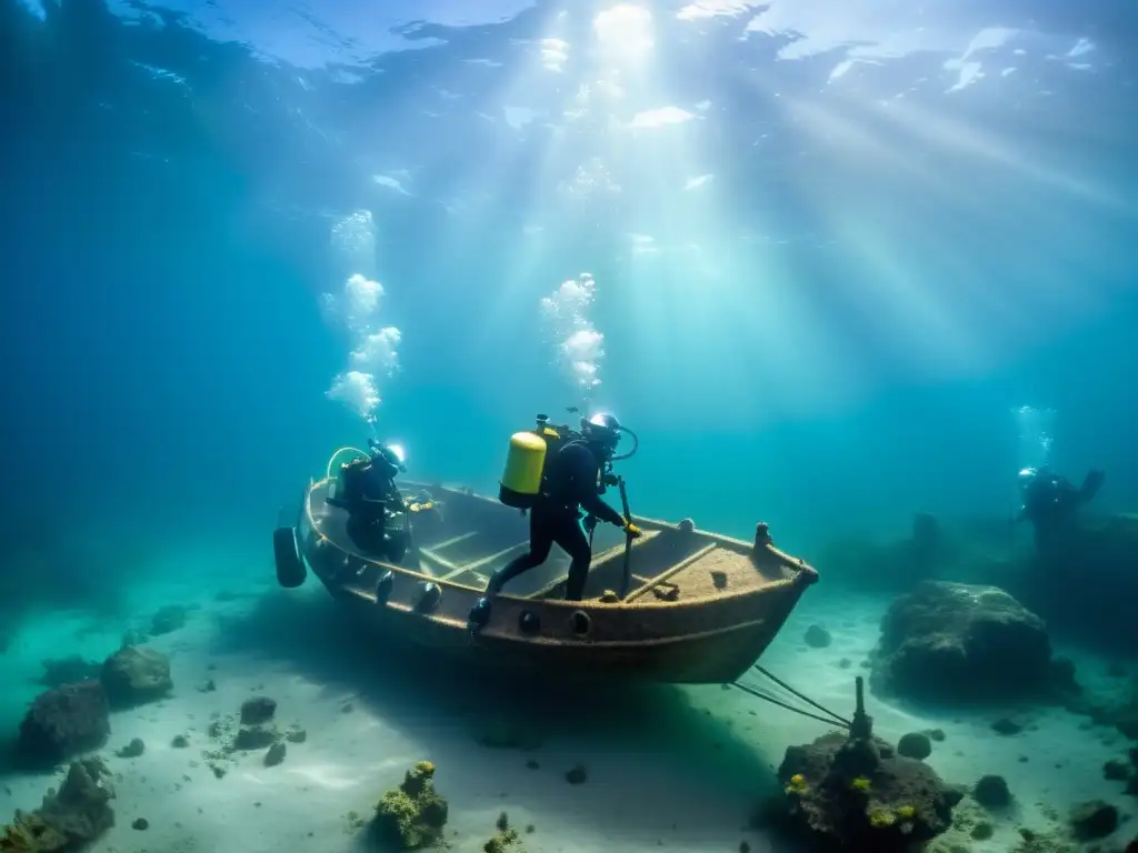 Exploración arqueológica submarina de un equipo desenterrando un barco vikingo hundido