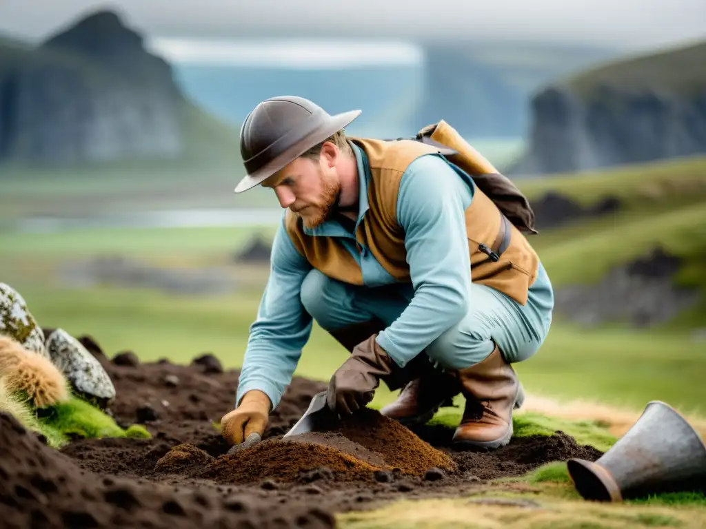 Un arqueólogo excavando un artefacto vikingo entre ruinas antiguas