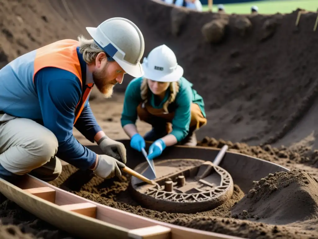 Arqueólogo excavando un barco vikingo enterrado, rodeado de equipo de investigación documentando hallazgos