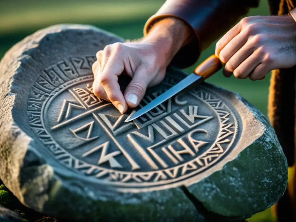 Un arqueólogo usando técnicas modernas para entender runas vikingas en una piedra antigua