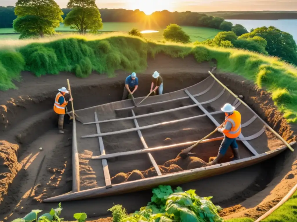 Arqueólogos descubren artefactos nórdicos enterrados misteriosamente en una excavación al atardecer, entre la maleza exuberante