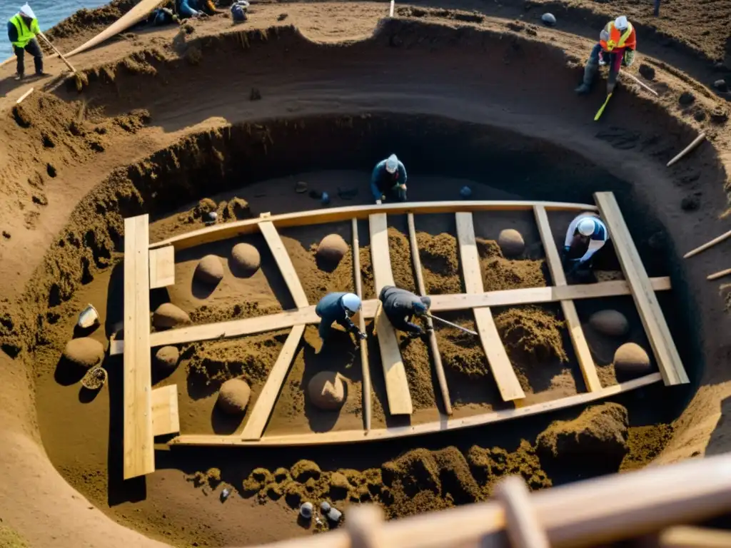 Arqueólogos excavando un barco funerario vikingo, revelando intrincados detalles de la embarcación en cálida luz dorada