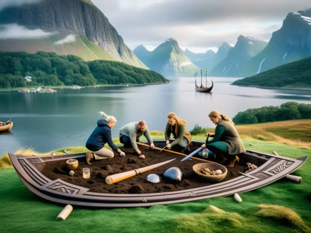 Arqueólogos modernos excavando un sitio funerario vikingo en un fiordo nórdico neblinoso