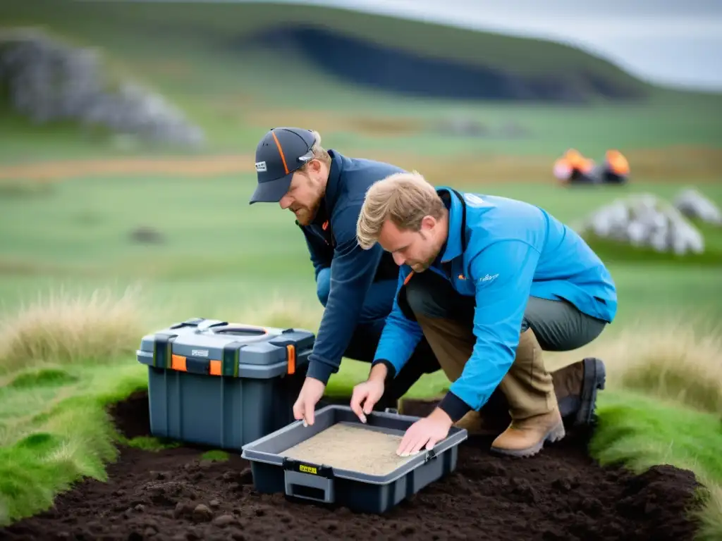 Arqueólogos realizando prospecciones magnéticas en yacimientos vikingos, usando tecnología avanzada para explorar ruinas antiguas en un paisaje árido