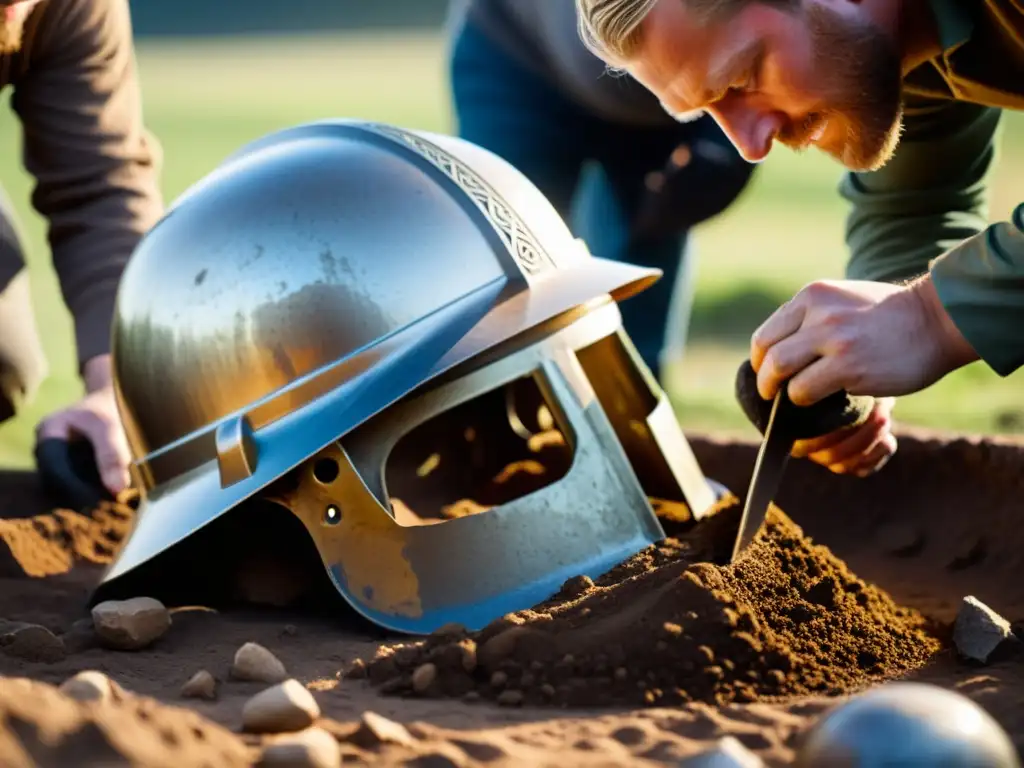 Arqueólogos excavando un sitio de artefactos vikingos en Suecia al amanecer