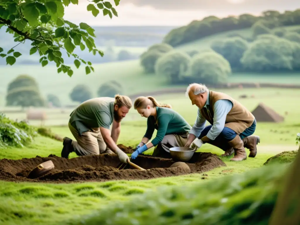 Arqueólogos excavando un sitio funerario vikingo en Inglaterra, revelando asentamientos vikingos en Gran Bretaña