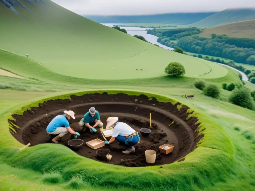 Arqueólogos excavando un sitio funerario vikingo, rodeados de herramientas antiguas