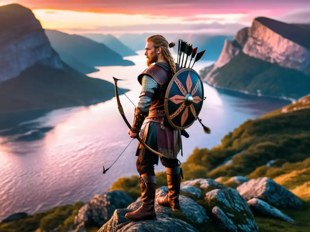 Un arquero vikingo en lo alto de un acantilado al atardecer, listo para disparar con técnicas de tiro con arco vikingas