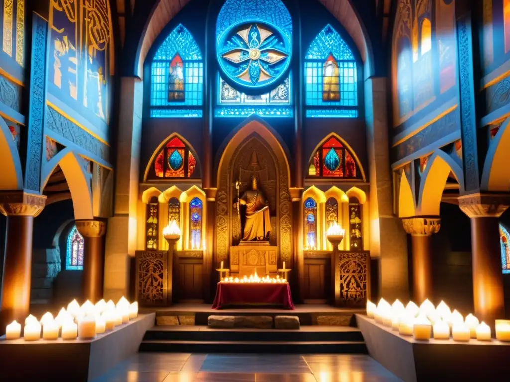 Arquitectura sagrada en templo de dioses vikingos: adoradores rinden homenaje con ofrendas y velas en un ambiente reverente y espiritual