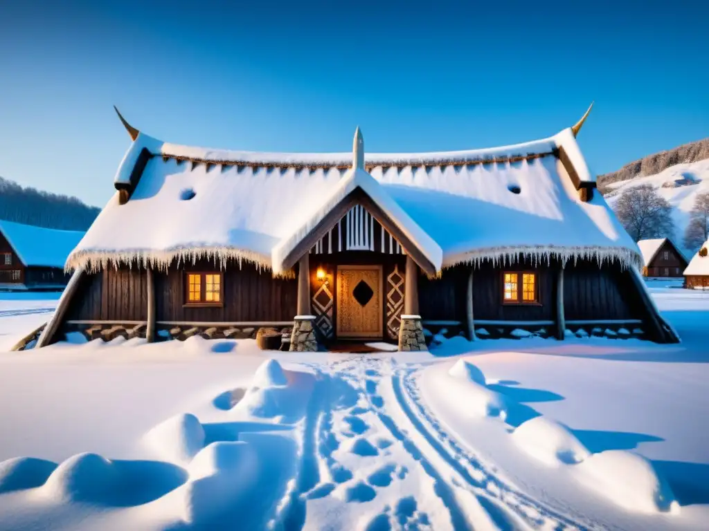 Arquitectura de viviendas vikingas resistente: detallada casa vikinga en paisaje nevado con tejado de paja y decoraciones talladas