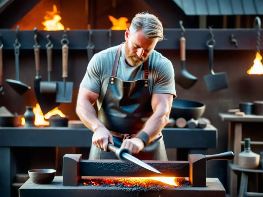 Arte de la forja vikinga recreada: un herrero forjando metal en un taller iluminado por brasas incandescentes y piezas de metal intrincadas