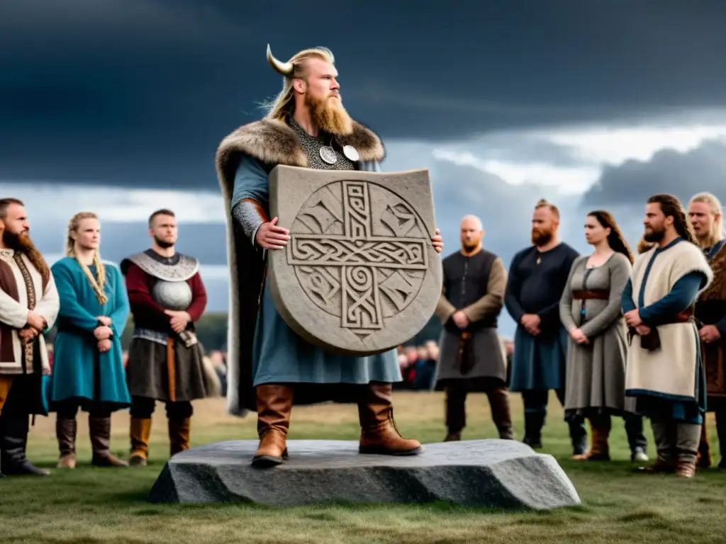 Arte del Skald en cultura vikinga: un vikingo recitando poesía frente a una piedra rúnica con símbolos nórdicos antiguos